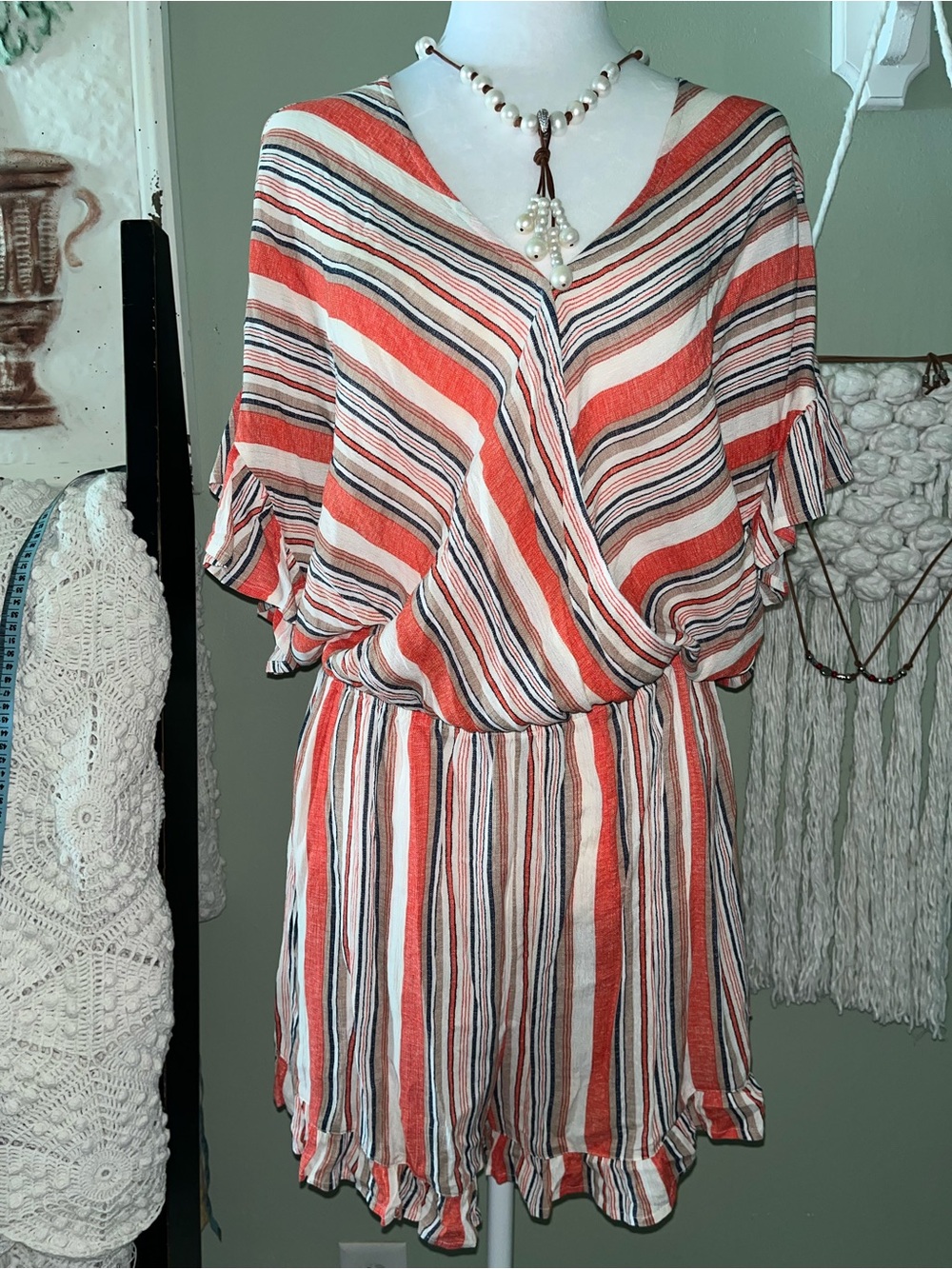 Umgee Striped Orange & White Cross Neckline Romper